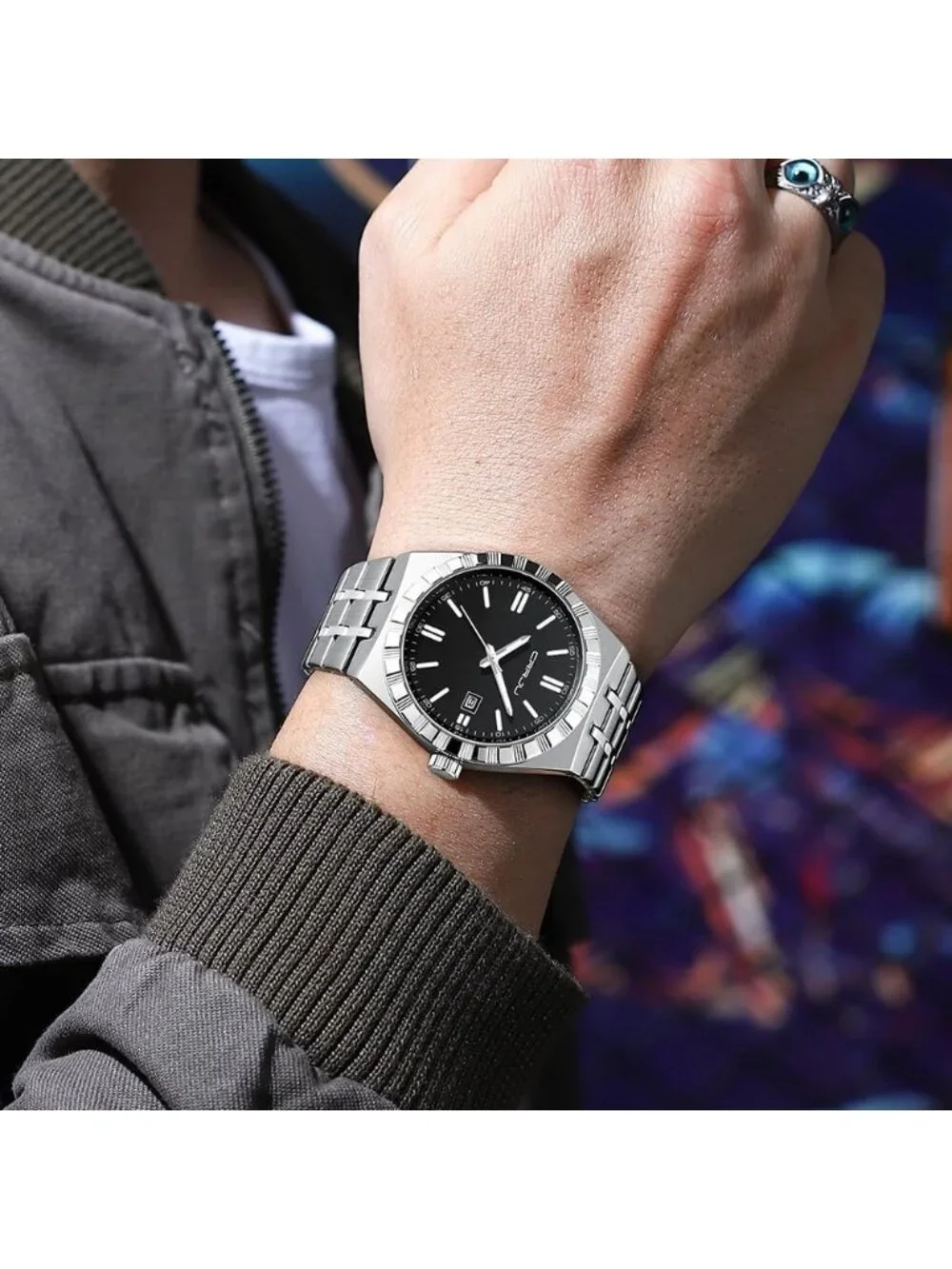 Men's Silver Black Luxury Luminous Analog Quartz Fashion Casual Wrist Watches